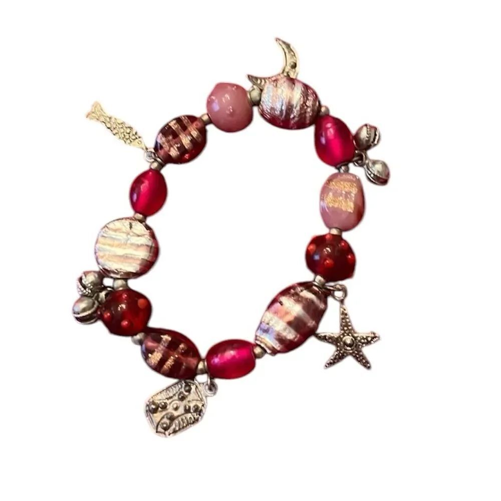 Red silver & pink beads with silver bells moon star fish square adornments EUC